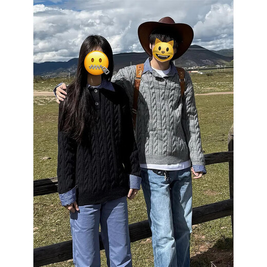 Wu Yinan cra American fake two-piece Henry collar sweater men's autumn retro cable knit sweater cleanfit couple coat black upgraded version black upgraded version M