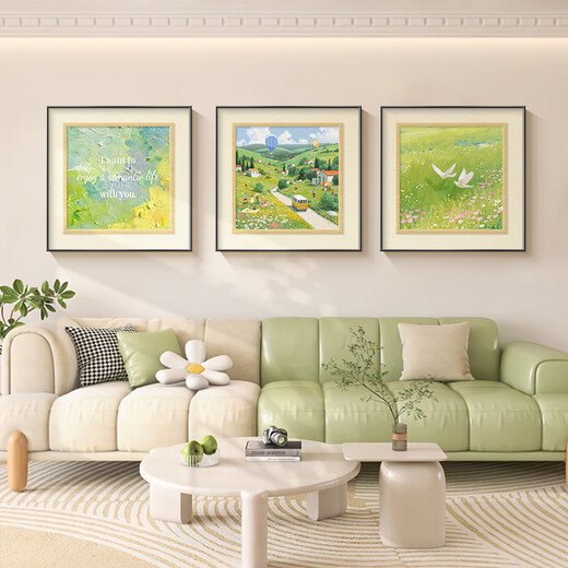 Mucho tiempo sin verte, pintura de decoración de sala de estar estilo crema, pintura colgante de pared de fondo de sofá pastoral fresco, mural retro verde de nicho
