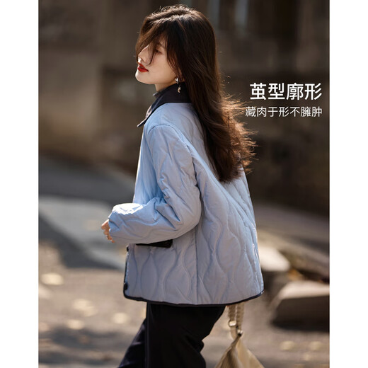 Shangjing Xiaoxiangfeng Contrast Color Lapel Warm Jacket Women 2025 Winter New Thick Diamond Versatile Short Top Women Blue M