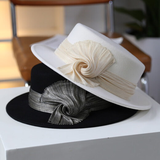 JOLISAC Autumn Print New for Autumn and Winter Elegant Gold Straw Ginkgo Knot Wool Flat Top Felt Hat French Retro Fashion Hat Black Adjustable