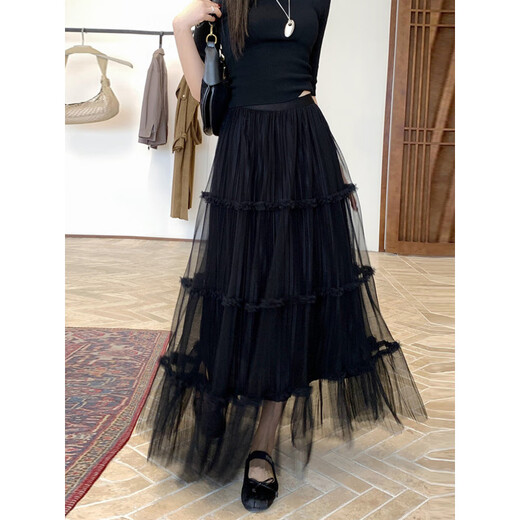 Black mesh skirt for women 2025 autumn new thickened front and back high waist a-line skirt autumn and winter pleated skirt long skirt black one size fits all lined