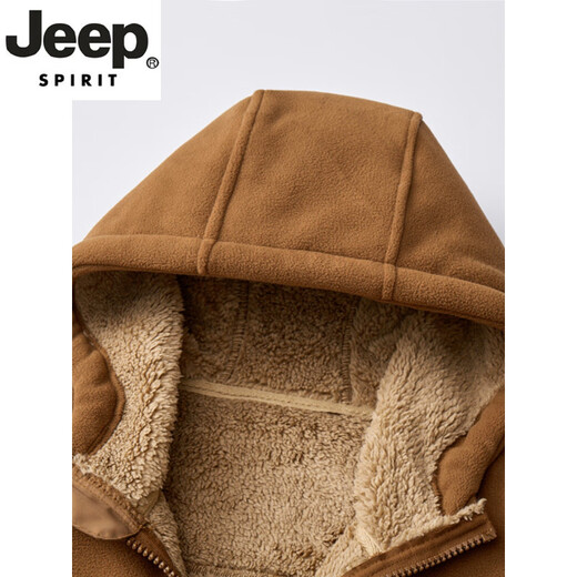 JEEP SPIRIT autumn and winter heavy quality men's fleece jacket casual hooded sherpa plus velvet thickened warm cardigan jacket stand-up collar caramel color M recommended 90-110Jin Jin equals 0.5 kg