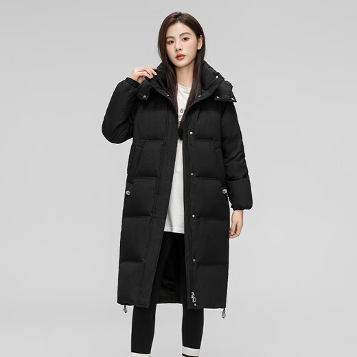 Flying in the Snow Down Jacket Women's Mid-Length 90 Velvet 25 Winter Over-the-Knee Solid Color Loose Fashion Hooded Casual Thick Jacket Black M