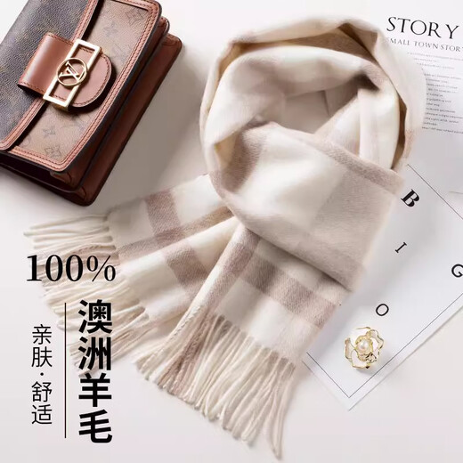 Wooden Boat Fish British Style 100% Wool Plaid Scarf Women's Winter Youth Versatile Women's Warm Couple Scarf Birthday Gift Azure Mocha Pattern (100% Australian Wool New Plaid)