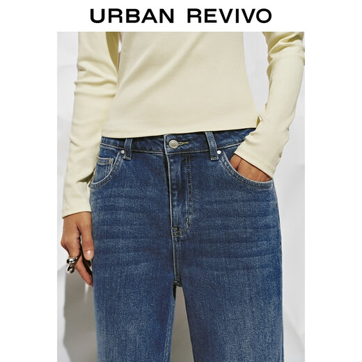 UR2025 Winter New Women's Retro Casual Curled High Waist Straight Denim Trousers UWB850009 Blue 29