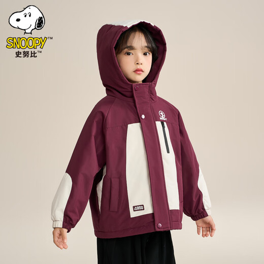 Snoopy (SNOOPY) children's clothing children's fleece jacket boys and girls hooded autumn and winter warm outdoor clothing top dark red 140