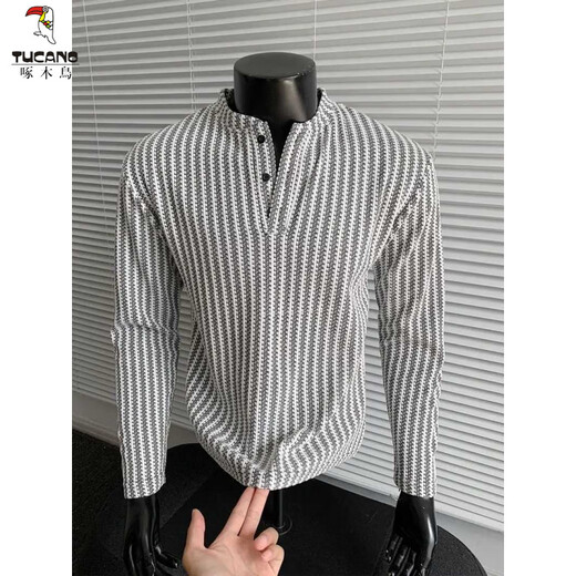 Woodpecker (TUCANO) small fragrant herringbone pattern Henry collar long-sleeved T-shirt men's autumn American chenille heavyweight sweatshirt inner layering shirt black 2XL 150-165Jin Jin equals 0.5 kg