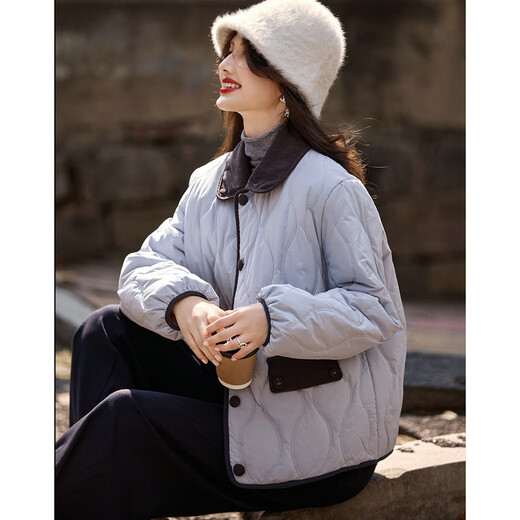 Shangjing Xiaoxiangfeng Contrast Color Lapel Warm Jacket Women 2025 Winter New Thick Diamond Versatile Short Top Women Blue M