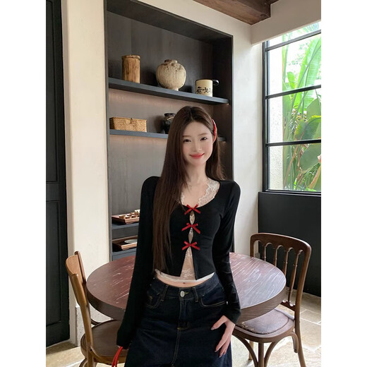 Cotton skin-friendly pure desire black bow U-neck long-sleeved women's autumn slim-fitting short top two-piece set XXC suit (T-shirt + lace vest) high-quality model S 70-90Jin Jin equals 0.5 kg