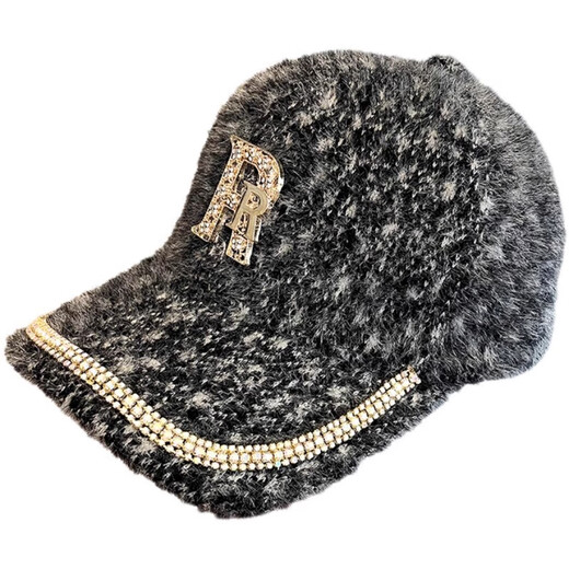 Rhinestone letter baseball cap for women autumn and winter plush warm hat Korean style fashion versatile mink fur peaked cap ins Double R mink fur rhinestone baseball cap - black adjustable