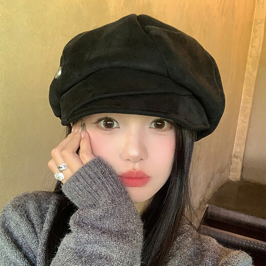 Nastyren Shark Japanese retro pleated black beret for women without makeup, versatile big head circumference painter hat showing face small newsboy hat trendy black one-size-fits-all