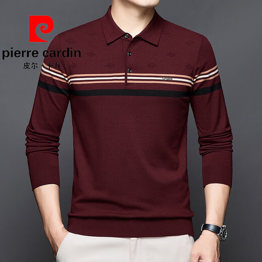 Pierre Cardin Spring and Automne NOUVEAU BUCUPAGE CONCUTÉE CASBRICAL T-shirt long à manches longues Polo à rayures en tricot mince d'âge moyen. Chemise GY12808 Brown Camel M Suggestion-125Jin [Jin est égal à 0,5 kg]
