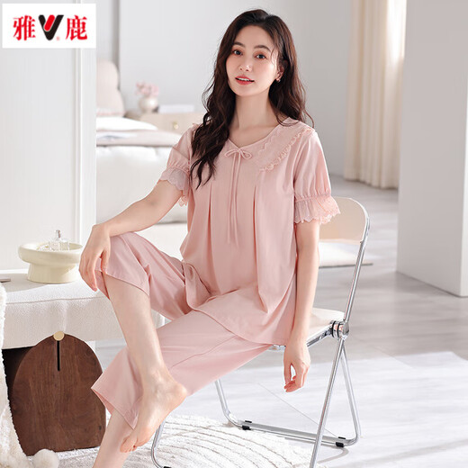 Yalu pijama nuevo para mujeres en verano con algodón de algodón de algodón de algodón de manga corta al estilo de princesa de alta gama se puede usar fuera de la ropa del hogar 695 verde XL 120-140Jin [Jin iguala 0.5 kg]