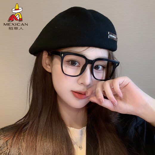 Scarecrow beret women's 2025 autumn and winter new fashion trend forward hat painter hat big head circumference showing face small octagonal hat black one size