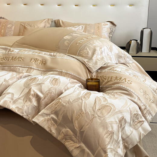 Mercury series sense Class A long-staple cotton pure cotton four-piece set three-dimensional jacquard cotton quilt cover bed sheet light luxury 1.8 bedding Champagne 1.5 sheet style four-piece set quilt cover 200x230