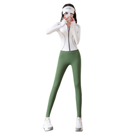 Aimengniao Sports Suit Women's Autumn New Yoga Pilates Training Fitness Clothing Jacket Running Sports Luminous Tight Pants Two-piece Set White + Forest Green S