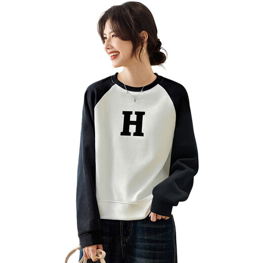 她享加绒卫衣女2025秋冬圆领撞色插肩袖套头上衣保暖外套女T54W094