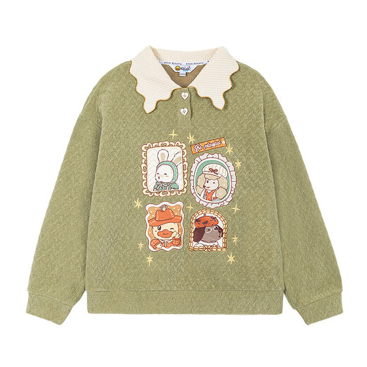 B.Duck小黄鸭加绒卫衣女2025冬季新款撞色针织翻领数码印宽松外套 果绿 XS