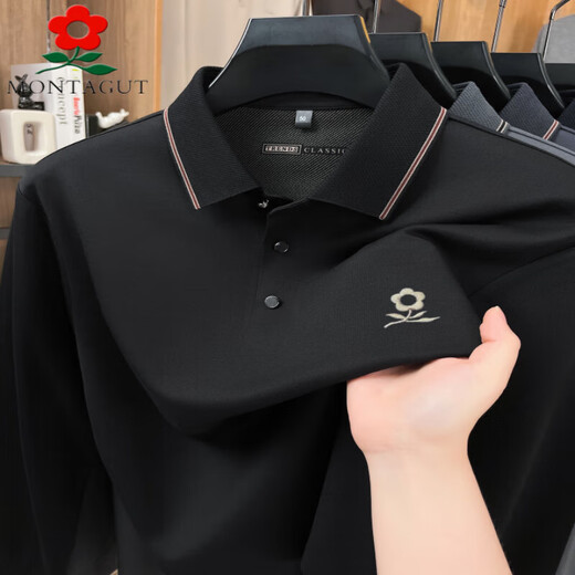 MONTAGUT high-end mulberry silk long-sleeved t-shirt men's lapel 2025 autumn new business casual solid color polo shirt upper green 2XL 54 150-170Jin Jin equals 0.5 kg