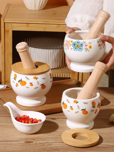 GIOIO special retro thickened garlic mortar for pounding garlic, hand-pressed lidded masher, commercial threaded grinding porcelain jar with lid, good luck, garlic pounder-400ml + beech stick