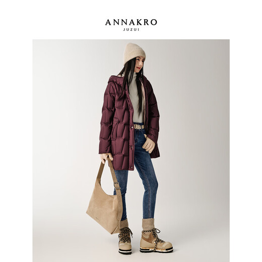 Jiuzi Annako casual age-reducing hooded mid-length laminated goose down down jacket for women 2025 winter new style burgundy M