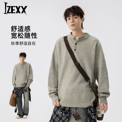 IZEXX knitted sweater Henry collar sweater men's autumn loose and versatile casual sweatshirt inner top MY19 light gray XL