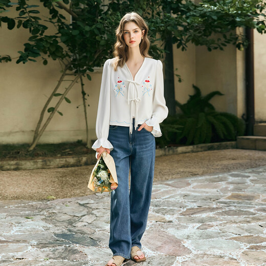 Olrain Ou Ruier new women's autumn French retro fresh embroidered short shirt white shirt white XL