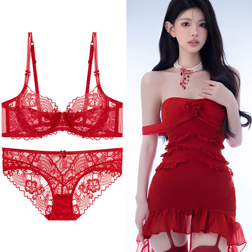 Victoria Palace Lace Underwear Ultra-Thin Summer Sexy Women's Bra Push-Up Supporting Secondary Breasts Big Breast Slimming Bra Set Purple 75B /34