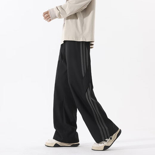 IZEXX American striped overalls men's high street casual loose straight wide leg sports long pants MZ98 black L