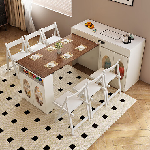 Chennest Island Simple Style Island Table Dining Table and Chairs Retractable Dining Table Island Tea Table Small House All-in-one Table Restaurant Furniture Electric Tea Stove Type Island Table (Black Slate Table Top) + Slide Rail Socket 1.2 Meters One Table Six Chairs-Folding Chair