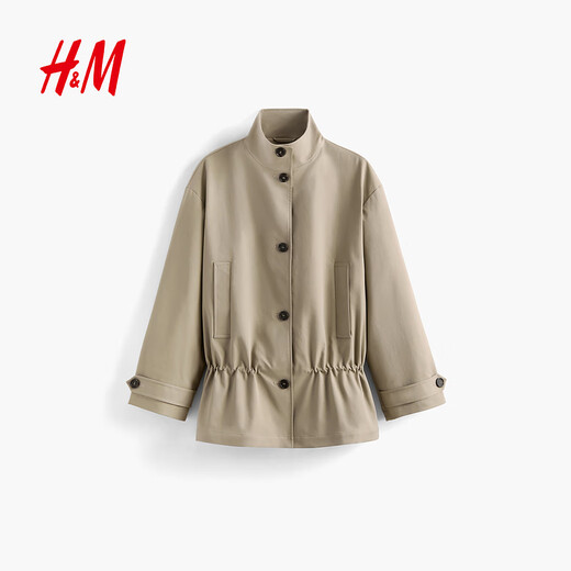 H&M Women's Windbreaker 2025 Autumn New Mid-Length Fashion Bud Drawstring Casual Windbreaker 1000019 Khaki Brown S
