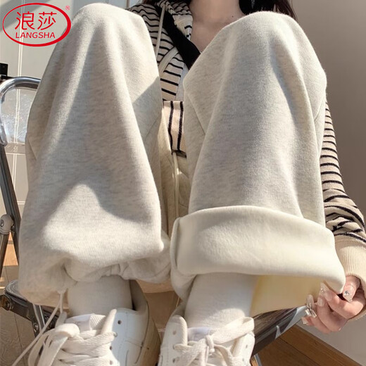 Langsha Velvet Sports Pants Women's Winter 2025 New Thickened High Waist Slim Loose Wide Legs Casual Foot-tie American Style Sweatpants