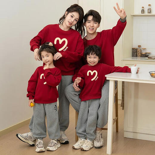 G.duck family of three parent-child outfits 2025 red sweatshirt family portrait new spring style mother-child mother-daughter New Year's greetings outfit velvet love sweatshirt (907SX) 130 children (48-57Jin Jin is equal to 0.5 kg)