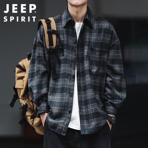 JEEP SPIRIT吉普磨毛加厚格子衬衫男秋冬季工装长袖衬衣休闲外套 深灰色 XL