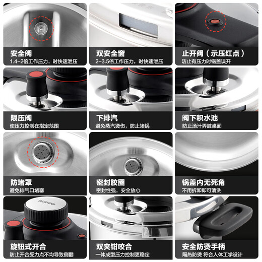 SUPOR pressure cooker household Qiaoyikai 316L stainless steel large capacity pressure cooker induction cooker gas universal Qiaoyikai pressure cooker 316L steam grid type 22cm7.2L 22cm