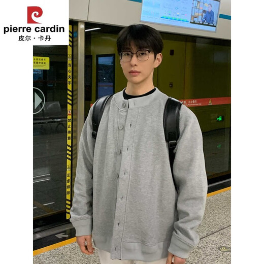 Pierre Cardin brand American retro gray Henry collar cardigan sweatshirt men's trendy brand high-end handsome cleanfit jacket light gray upgraded version M
