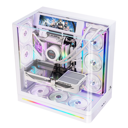 玩嘉问界PLUS白色一体式曲面玻璃海景房机箱游戏电脑台式机ATX/360水冷/背插三面侧透TypeC/ARGB灯条