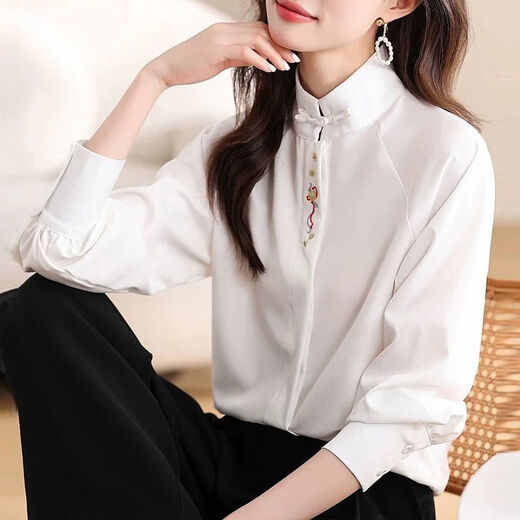 Chinesischer Stil, nationaler Stil, besticktes Oberteil, Frühling und Herbst, neue Mode, Hemd im westlichen Stil, große Größe, Stehkragen, Plattenknopf, Hanfu-Langarmhemd, Langarmhemd ZS-567*, weiß, L (105–120 Jin entspricht 0,5 kg)