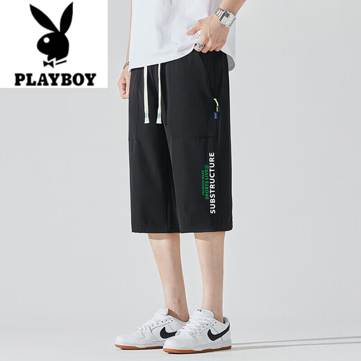 花花公子（PLAYBOY）纯色七分裤夏季潮牌青少年冰丝抽绳男士宽松速干休闲工装裤直筒裤 10972S黑色 M
