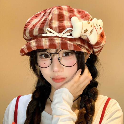 QUEEN TRIP Cute Kitten Bow Plaid Beret Women's Face Revealing Small Flap Octagon Hat Big Head Newsboy Painter Hat Red-Kitten Bow Plaid Beret