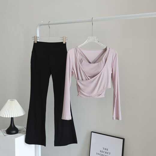 Tiannan Brothers (TNBROTHERS) Yoga Wear Pilates Set Three-piece Yoga Wear Suit Women's Fitness Three-piece Set Mesh Blouse Long Sleeve High Waist Apricot Bra Blouse + Caramel Color Bootleg Pants. XL