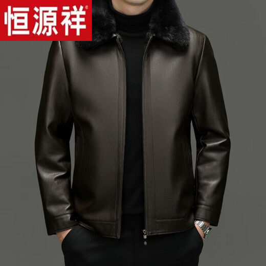 Hengyuanxiang velvet thickened simulated leather jacket for men, middle-aged and elderly dad autumn and winter coat, warm fur all-in-one leather jacket, coffee color 4XL 195