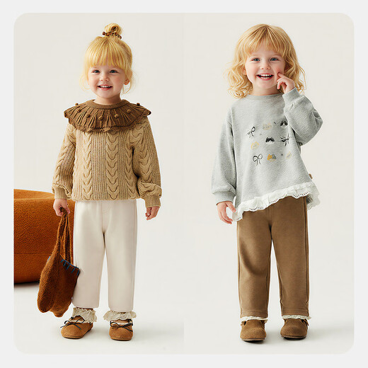 Minibala velvet lining for girls and babies, winter skin-friendly and warm imitation jeans, light khaki 50311 90