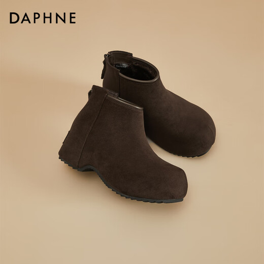 Daphne short boots for women thick-soled low-heeled inner heightening solid color plus velvet comfortable round toe back zipper ankle boots for women brown 37