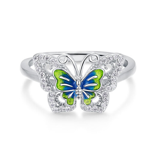 Lao Fengxiang silver 925 enamel butterfly ring with zircon as a holiday and anniversary gift for girlfriend and wife. Silver 925 enamel butterfly with zircon ring.