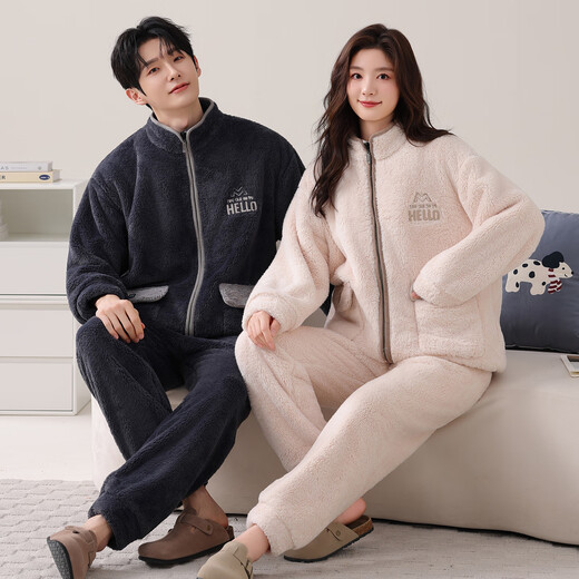 LangSha (LangSha) pajamas couple wear, one man and one woman, winter flannel thickened warm cardigan zipper casual can be worn outside home clothes 5910 couple L female + XL male