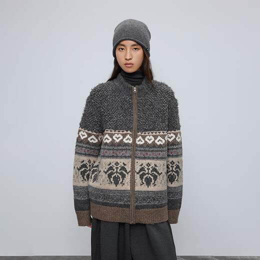 Half circle yarn women's clothing retro 2025 autumn and winter loose stand-up collar Fair Isle pattern knitted sweater for women gray M