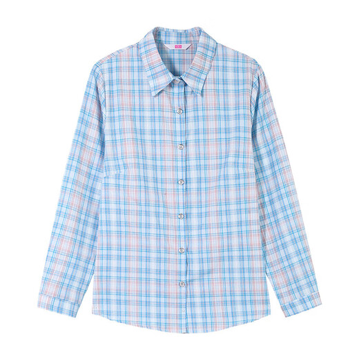 Pure cotton plaid shirt women's spring and autumn new middle-aged mother style long-sleeved temperament lapel slim top light blue 3XL 136-145