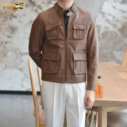 VIPOL Autumn and Winter New British Retro Hunting Stand Collar PU Leather Jacket Men's Korean Style Light Luxury Slim Workwear Leather Jacket Black XL
