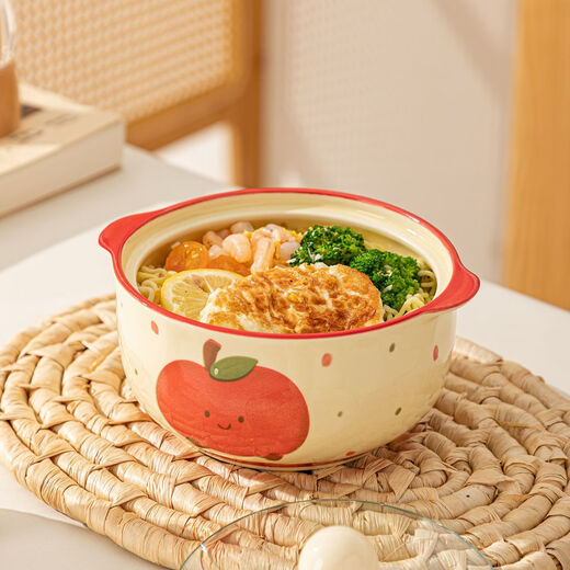 Ceramic instant noodle bowl with lid tableware student dormitory large capacity double-eared snail noodle bowl cute noodle bowl personal use 6-inch apple instant noodle bowl with lid